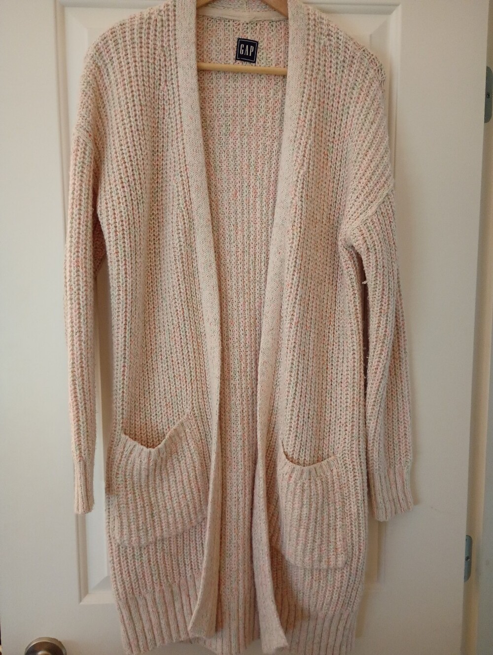 GAP Cream, Pink + Green Open-Front Chunky Knit Cardigan with Pockets